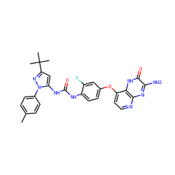 Cc1ccc(-n2nc(C(C)(C)C)cc2NC(=O)Nc2ccc(Oc3ccnc4nc(N)c(=O)[nH]c34)cc2F)cc1 ZINC000058541478
