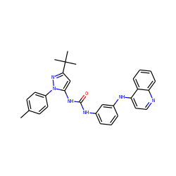 Cc1ccc(-n2nc(C(C)(C)C)cc2NC(=O)Nc2cccc(Nc3ccnc4ccccc34)c2)cc1 ZINC000045283925