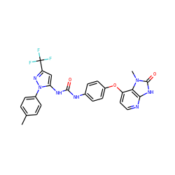 Cc1ccc(-n2nc(C(F)(F)F)cc2NC(=O)Nc2ccc(Oc3ccnc4[nH]c(=O)n(C)c34)cc2)cc1 ZINC000049781300