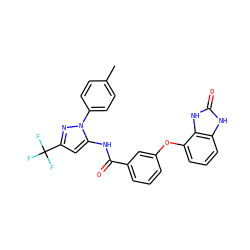 Cc1ccc(-n2nc(C(F)(F)F)cc2NC(=O)c2cccc(Oc3cccc4[nH]c(=O)[nH]c34)c2)cc1 ZINC000045357922