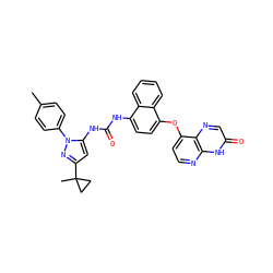 Cc1ccc(-n2nc(C3(C)CC3)cc2NC(=O)Nc2ccc(Oc3ccnc4[nH]c(=O)cnc34)c3ccccc23)cc1 ZINC000199102856