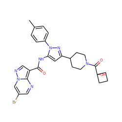 Cc1ccc(-n2nc(C3CCN(C(=O)C4(O)CCC4)CC3)cc2NC(=O)c2cnn3cc(Br)cnc23)cc1 ZINC000145851473