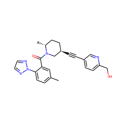 Cc1ccc(-n2nccn2)c(C(=O)N2C[C@H](C#Cc3ccc(CO)nc3)CC[C@H]2C)c1 ZINC000169307319