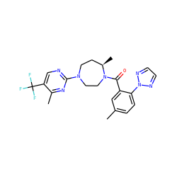 Cc1ccc(-n2nccn2)c(C(=O)N2CCN(c3ncc(C(F)(F)F)c(C)n3)CC[C@H]2C)c1 ZINC000117206242