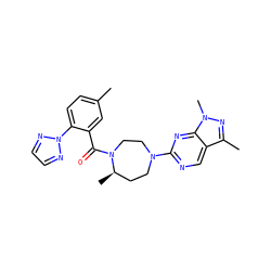 Cc1ccc(-n2nccn2)c(C(=O)N2CCN(c3ncc4c(C)nn(C)c4n3)CC[C@H]2C)c1 ZINC000116778778