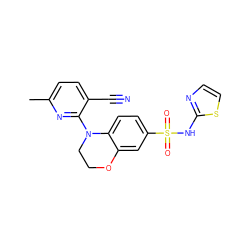 Cc1ccc(C#N)c(N2CCOc3cc(S(=O)(=O)Nc4nccs4)ccc32)n1 ZINC000220254223