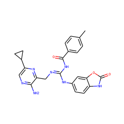 Cc1ccc(C(=O)N/C(=N/Cc2nc(C3CC3)cnc2N)Nc2ccc3[nH]c(=O)oc3c2)cc1 ZINC000473154468