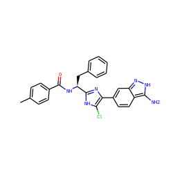 Cc1ccc(C(=O)N[C@@H](Cc2ccccc2)c2nc(-c3ccc4c(N)[nH]nc4c3)c(Cl)[nH]2)cc1 ZINC000059110274