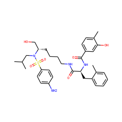 Cc1ccc(C(=O)N[C@@H](Cc2ccccc2C)C(=O)NCCCC[C@@H](CO)N(CC(C)C)S(=O)(=O)c2ccc(N)cc2)cc1O ZINC000138755486