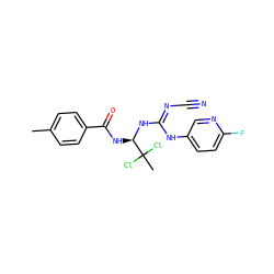 Cc1ccc(C(=O)N[C@@H](N/C(=N/C#N)Nc2ccc(F)nc2)C(C)(Cl)Cl)cc1 ZINC000028866610