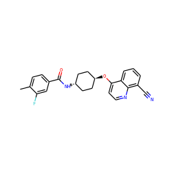 Cc1ccc(C(=O)N[C@H]2CC[C@H](Oc3ccnc4c(C#N)cccc34)CC2)cc1F ZINC001772636585