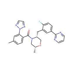 Cc1ccc(C(=O)N2C[C@@H](C)OC[C@H]2Cc2cc(-c3ncccn3)ccc2F)c(-n2nccn2)c1 ZINC001772602149