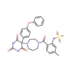 Cc1ccc(C(=O)N2CCCN(C3(c4ccc(Oc5ccccc5)cc4)C(=O)NC(=O)NC3=O)CC2)c(NS(C)(=O)=O)c1 ZINC000072110816