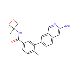 Cc1ccc(C(=O)NC2(C)COC2)cc1-c1ccc2cc(N)ncc2c1 ZINC000144412239