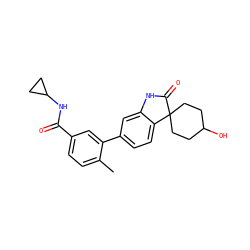 Cc1ccc(C(=O)NC2CC2)cc1-c1ccc2c(c1)NC(=O)C21CCC(O)CC1 ZINC000072141491