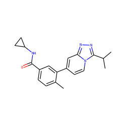 Cc1ccc(C(=O)NC2CC2)cc1-c1ccn2c(C(C)C)nnc2c1 ZINC000084732604