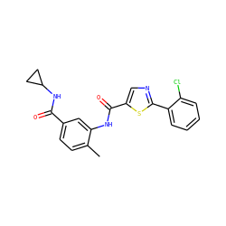 Cc1ccc(C(=O)NC2CC2)cc1NC(=O)c1cnc(-c2ccccc2Cl)s1 ZINC000050317400