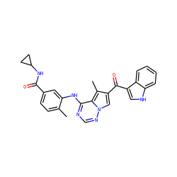 Cc1ccc(C(=O)NC2CC2)cc1Nc1ncnn2cc(C(=O)c3c[nH]c4ccccc34)c(C)c12 ZINC000072177185