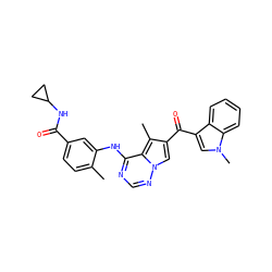 Cc1ccc(C(=O)NC2CC2)cc1Nc1ncnn2cc(C(=O)c3cn(C)c4ccccc34)c(C)c12 ZINC000072178450