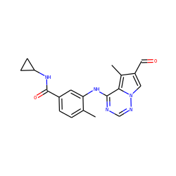 Cc1ccc(C(=O)NC2CC2)cc1Nc1ncnn2cc(C=O)c(C)c12 ZINC000072175890