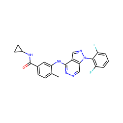 Cc1ccc(C(=O)NC2CC2)cc1Nc1nncc2c1cnn2-c1c(F)cccc1F ZINC000049046452