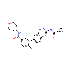 Cc1ccc(C(=O)NC2CCOCC2)c(F)c1-c1ccc2cc(NC(=O)C3CC3)ncc2c1 ZINC000144385730