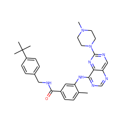 Cc1ccc(C(=O)NCc2ccc(C(C)(C)C)cc2)cc1Nc1ncnc2cnc(N3CCN(C)CC3)nc12 ZINC000148201397