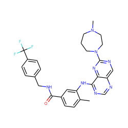 Cc1ccc(C(=O)NCc2ccc(C(F)(F)F)cc2)cc1Nc1ncnc2cnc(N3CCCN(C)CC3)nc12 ZINC000148200524