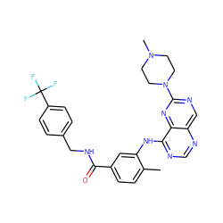 Cc1ccc(C(=O)NCc2ccc(C(F)(F)F)cc2)cc1Nc1ncnc2cnc(N3CCN(C)CC3)nc12 ZINC000148201877