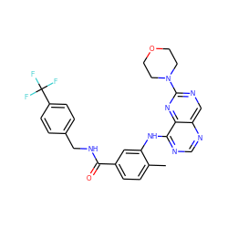 Cc1ccc(C(=O)NCc2ccc(C(F)(F)F)cc2)cc1Nc1ncnc2cnc(N3CCOCC3)nc12 ZINC000148239292
