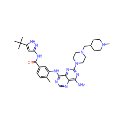Cc1ccc(C(=O)Nc2cc(C(C)(C)C)[nH]n2)cc1Nc1ncnc2c(N)nc(N3CCN(CC4CCN(C)CC4)CC3)nc12 ZINC000140592833