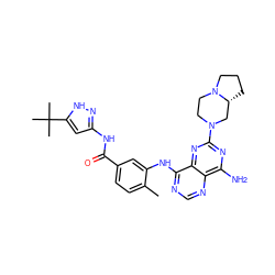 Cc1ccc(C(=O)Nc2cc(C(C)(C)C)[nH]n2)cc1Nc1ncnc2c(N)nc(N3CCN4CCC[C@@H]4C3)nc12 ZINC000140593035