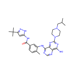 Cc1ccc(C(=O)Nc2cc(C(C)(C)C)n[nH]2)cc1Nc1ncnc2c(N)nc(N3CCN(CC(C)C)CC3)nc12 ZINC000148039079