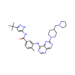 Cc1ccc(C(=O)Nc2cc(C(C)(C)C)n[nH]2)cc1Nc1ncnc2cnc(N3CCC(CN4CCCC4)CC3)nc12 ZINC000148374113