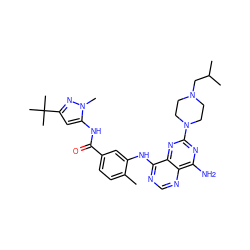 Cc1ccc(C(=O)Nc2cc(C(C)(C)C)nn2C)cc1Nc1ncnc2c(N)nc(N3CCN(CC(C)C)CC3)nc12 ZINC000148053770