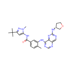 Cc1ccc(C(=O)Nc2cc(C(C)(C)C)nn2C)cc1Nc1ncnc2cnc(N[C@@H]3CCOC3)nc12 ZINC000148253339