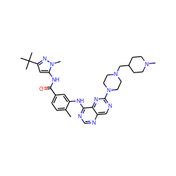 Cc1ccc(C(=O)Nc2cc(C(C)(C)C)nn2C)cc1Nc1ncnc2cnc(N3CCN(CC4CCN(C)CC4)CC3)nc12 ZINC000148289354