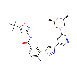 Cc1ccc(C(=O)Nc2cc(C(C)(C)C)on2)cc1-n1cc(-c2cncc(N3C[C@H](C)N[C@H](C)C3)c2)nn1 ZINC000224277587
