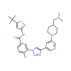 Cc1ccc(C(=O)Nc2cc(C(C)(C)C)on2)cc1-n1cc(-c2cncc(N3CCC(CN(C)C)CC3)c2)nn1 ZINC000199367485
