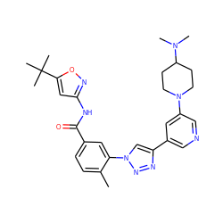Cc1ccc(C(=O)Nc2cc(C(C)(C)C)on2)cc1-n1cc(-c2cncc(N3CCC(N(C)C)CC3)c2)nn1 ZINC000224271789