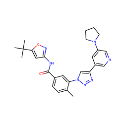 Cc1ccc(C(=O)Nc2cc(C(C)(C)C)on2)cc1-n1cc(-c2cncc(N3CCCC3)c2)nn1 ZINC000199373299