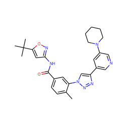 Cc1ccc(C(=O)Nc2cc(C(C)(C)C)on2)cc1-n1cc(-c2cncc(N3CCCCC3)c2)nn1 ZINC000199373320