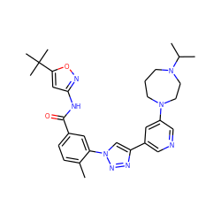 Cc1ccc(C(=O)Nc2cc(C(C)(C)C)on2)cc1-n1cc(-c2cncc(N3CCCN(C(C)C)CC3)c2)nn1 ZINC000199374592