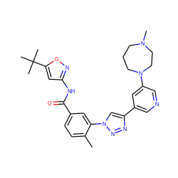 Cc1ccc(C(=O)Nc2cc(C(C)(C)C)on2)cc1-n1cc(-c2cncc(N3CCCN(C)CC3)c2)nn1 ZINC000199381226