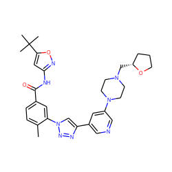 Cc1ccc(C(=O)Nc2cc(C(C)(C)C)on2)cc1-n1cc(-c2cncc(N3CCN(C[C@@H]4CCCO4)CC3)c2)nn1 ZINC000199367446