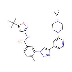 Cc1ccc(C(=O)Nc2cc(C(C)(C)C)on2)cc1-n1cc(-c2cncc(N3CCN(C4CC4)CC3)c2)nn1 ZINC000199371099