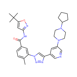 Cc1ccc(C(=O)Nc2cc(C(C)(C)C)on2)cc1-n1cc(-c2cncc(N3CCN(C4CCCC4)CC3)c2)nn1 ZINC000199366422