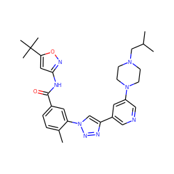Cc1ccc(C(=O)Nc2cc(C(C)(C)C)on2)cc1-n1cc(-c2cncc(N3CCN(CC(C)C)CC3)c2)nn1 ZINC000199374564