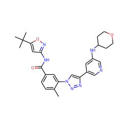 Cc1ccc(C(=O)Nc2cc(C(C)(C)C)on2)cc1-n1cc(-c2cncc(NC3CCOCC3)c2)nn1 ZINC000224263320