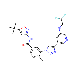 Cc1ccc(C(=O)Nc2cc(C(C)(C)C)on2)cc1-n1cc(-c2cncc(NCC(F)F)c2)nn1 ZINC000199374630